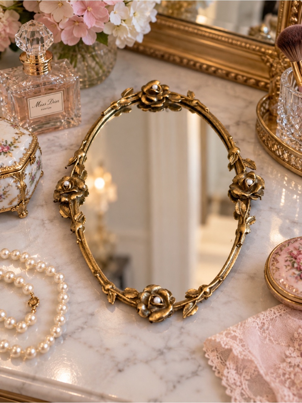 Hollywood Regency Accent Mirror Vanity Tray With Rosette and Pearl Accents Women